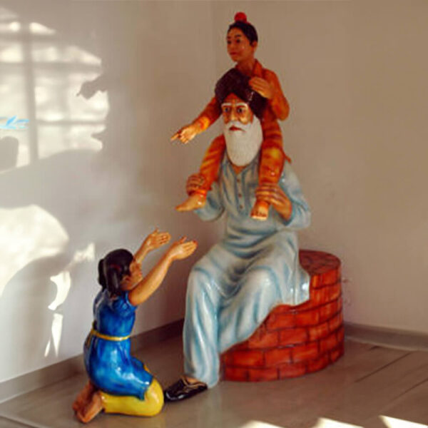 Old Man Budha Baba With Playing Kids Fiberglass Statue 2