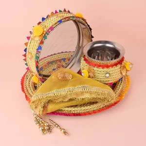 11 Pc Golden Dori Work Karwa Chauth Karva Chauth Thali Set With Cover 1