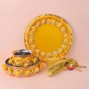 11 Pc Yellow Pompom Karwa Chauth Karva Chauth Thali Set With Cover 1