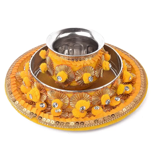 11 Pc Yellow Pompom Karwa Chauth Karva Chauth Thali Set With Cover 14