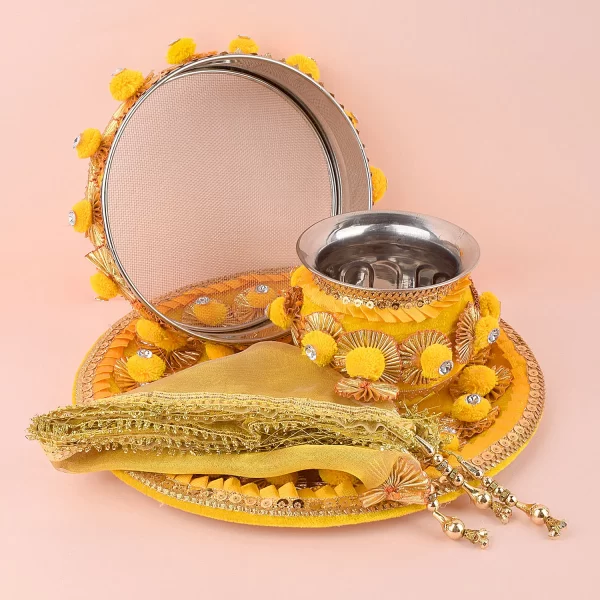 11 Pc Yellow Pompom Karwa Chauth Karva Chauth Thali Set With Cover 3