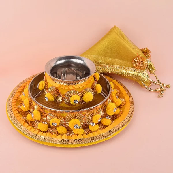 11 Pc Yellow Pompom Karwa Chauth Karva Chauth Thali Set With Cover 4