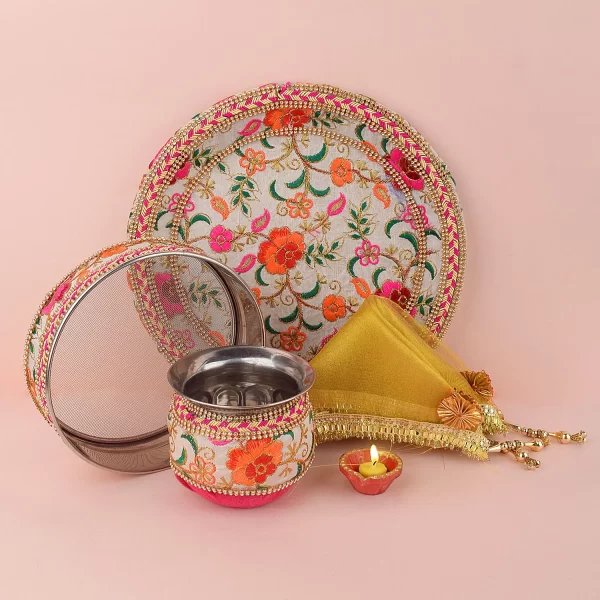 Floral Embroidery Karwa Chauth Thali Set With Cover 1